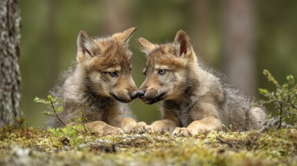 Obraz premium Two wolf pups face each other, noses nearly touching, on a bed of moss in a forest