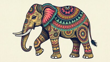 Naklejka premium Colorful elephant illustration with intricate mandala and floral patterns, showcasing vibrant hues and detailed ornamental design.