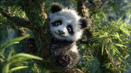 Obraz premium A fluffy baby panda nestled in a mossy tree, surrounded by lush greenery