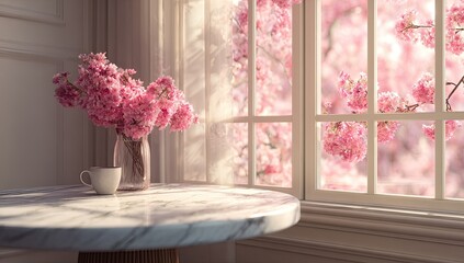 Pink blossoms viewed from sunlit room