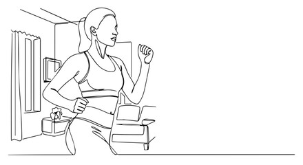 Fitness at home illustration depicts silhouette of woman jogging in apartment, showing fitness at home. Silhouette of woman exercising in home with minimal design is good for fitness at home ads.