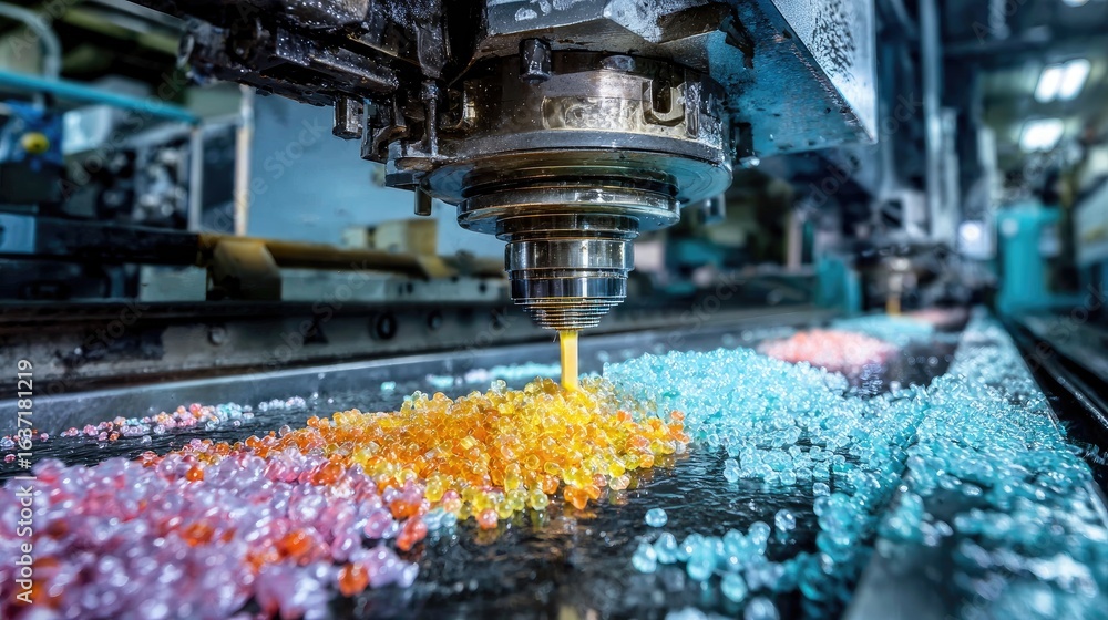 Poster colorful droplets of resin in production process with machine tool in a modern factory setting