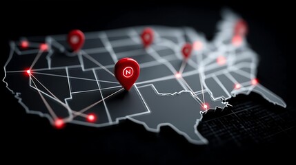 Map of the United States with red pins marking different locations, indicating network connections