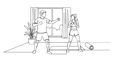 Fitness at home workout session for couple. Man and woman doing exercises together in living room. Fitness at home routine includes stretching and simple movements.