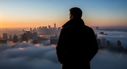 Man silhouette overlooking city skyline in morning fog