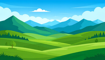 Green hills with blue mountains, and sunny day.