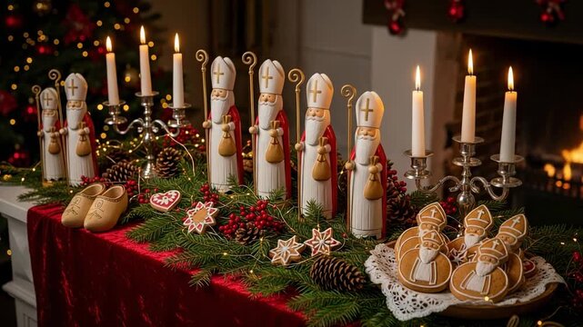 Saint Nicholas figurines and gingerbread cookies on a festive mantelpiece. Traditional Sinterklaas holiday decorations with candles, wooden shoes, and a cozy fireplace.