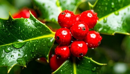 Close-up of holly berries and leaves