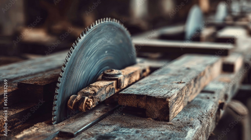 Poster close-up of circular saw blade on rustic workbench surrounded by wood in a workshop setting