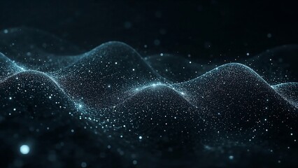 Photo of abstract dark blue background with glowing particles forming waves for modern technology design