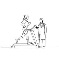 Woman running on treadmill monitored by doctor.  Wellness check includes fitness assessment on treadmill.  Doctor observing patient's performance during workout.