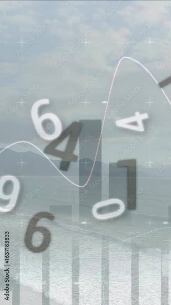 Poster animation of graphs and processing data over sky and landscape