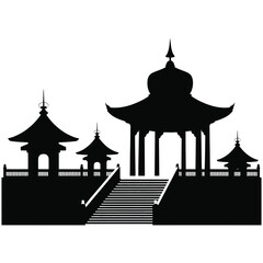 Silhouette of traditional asian temple complex with tiered roofs and stairs