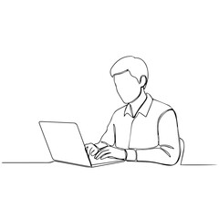Line drawing of man using laptop on white background. One line drawing showcases person working on computer, single continuous line art style with modern simplicity.