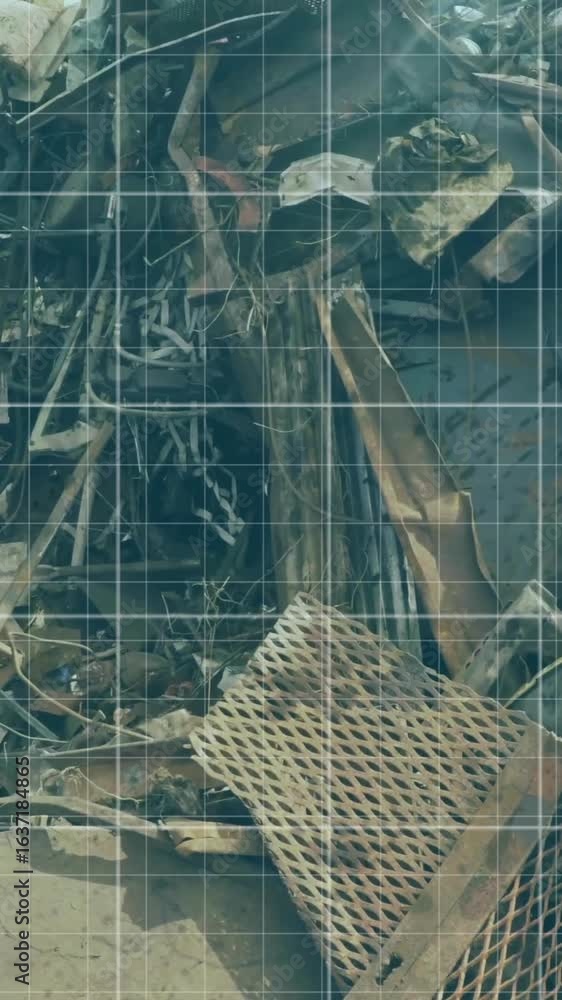 Poster animation of red line and financial data processing over wasteland