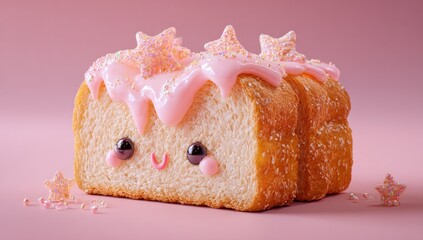 Animated bread with icing, sprinkles, and star-shaped decorations on a pink backdrop. Eyes and a smile are added to the loaf, giving it a cartoonish character