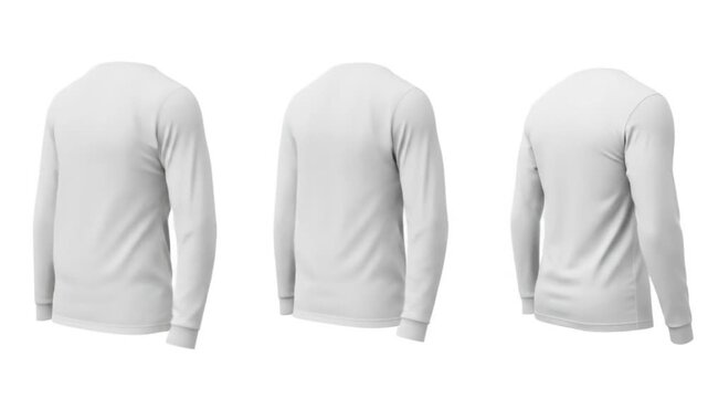 Three views of a blank white long sleeved shirt displayed on a white background for apparel design