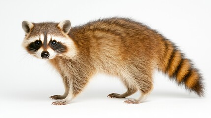 Raccoon standing on white background, showcasing its distinctive fur and facial markings. This curious creature embodies playful spirit and is often found in urban areas.