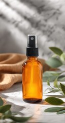 Amber glass spray bottle on marble surface with eucalyptus. Sunlit with dappled shadows and beige cloth backdrop. Simple, clean, and natural