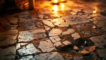 Obraz premium Cracked tile floor, old building, candlelight, ruin, historical site, texture background, architecture detail