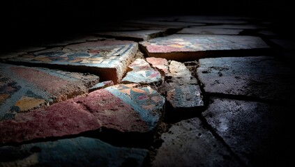 Cracked mosaic floor, ancient ruin, low-light, history, archaeology site