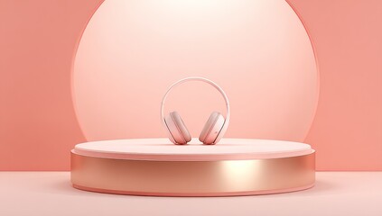 Wireless headphones on a circular platform with a golden base, backed by a large sphere, all in soft, monochromatic pink hues, presenting a clean and modern aesthetic