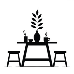 Minimalist silhouette of a table with two stools and a vase of leaves