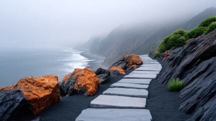 Coastal Stone Path Through Foggy Cliffs and Ocean