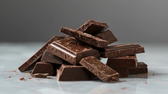 A pile of dark chocolate pieces stacked on a reflective surface against a gray background studio shot