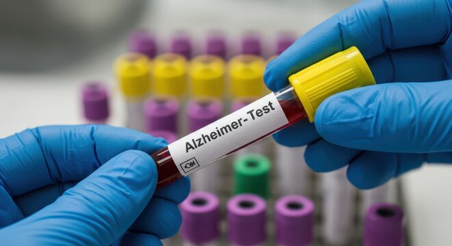 Alzheimer Test Blood Sample: Close-up shot of a medical professional holding a blood sample vial labeled Alzheimer-Test with a deep, inviting color in a sterile environment.