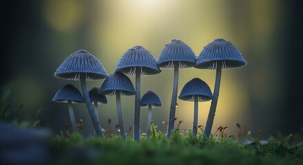 Fototapeta premium Enchanting mushroom cluster illuminated by gentle light in a mystical forest ambience