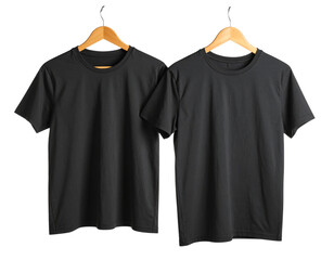 Black T-Shirt Mockup Front and Back View on Hanger, isolated on transparent background PNG