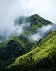 Misty green mountain slopes, valley view, nature, travel poster