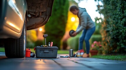 Person repairing car outdoors at home with gray toolbox for diy maintenance practical hands on approach essential tools vehicle repair automotive concept