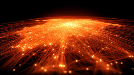 Abstract visualization of interconnected data streams illuminating a digital landscape at night