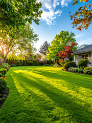 Obraz premium Photorealistic Sunny Yard with Lush Green Grass and Golden Hour Shadows