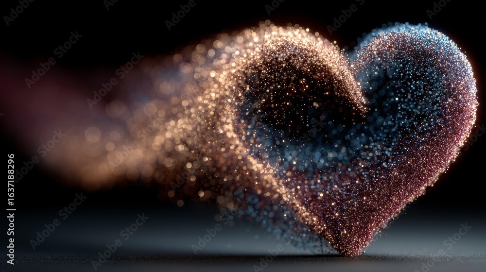 Poster glowing heart shape created with sparkling particles and light effects in a dark background for conc