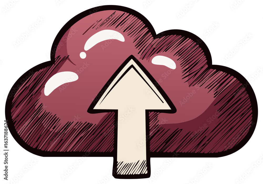 Poster stylized red cloud with upload arrow concept illustration for data storage