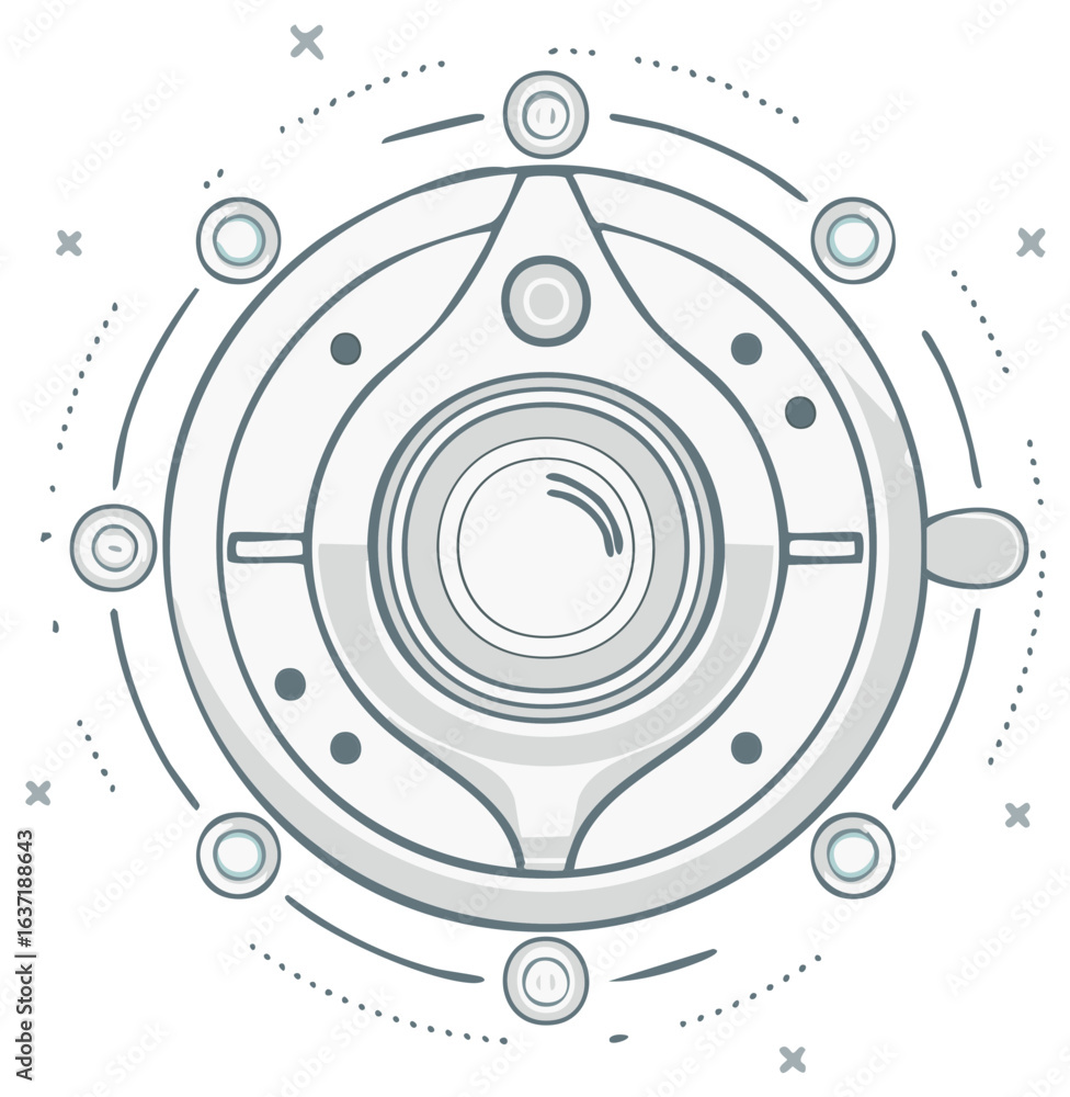 Poster circular glyph design featuring geometric shapes and dots in a doodle style for digital use
