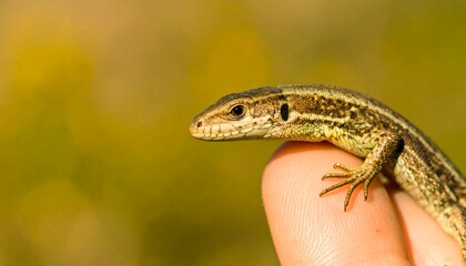 Fototapeta premium Lizard on finger, natural bokeh