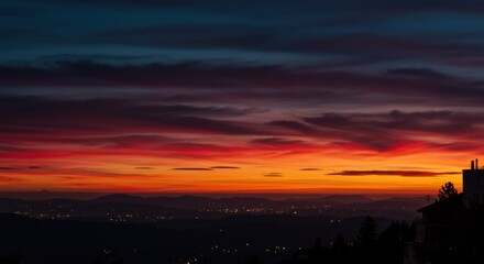 Fototapeta premium Fiery Sunset Over Mountain Silhouette, City Lights, Dramatic Sky.