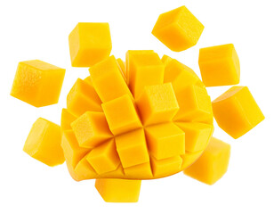 Mango Fruit Burst with Cubed Slices in Motion, isolated on transparent background PNG