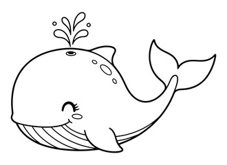 Whale Outlined Cartoon Character with Water Spout and Smiling Face