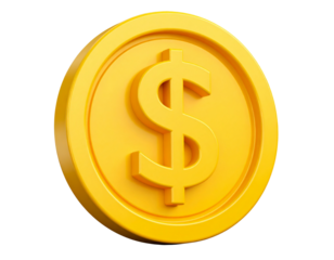 Tilted 3D Gold Coin with Dollar Symbol in Playful Plastic Style, isolated on transparent background PNG