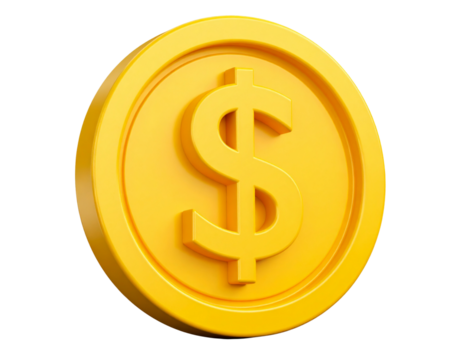  Tilted 3D Gold Coin with Dollar Symbol in Playful Plastic Style, isolated on transparent background PNG