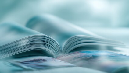 Open magazine with glossy pages displaying colorful pictures; blurry background, cool cyan tone
