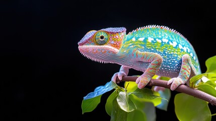 Obraz premium realistic multicolored chameleon with iridescent skin in speckles sitting on branch of a bush over black background