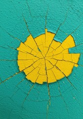 Teal wall, yellow crack, outdoor, sunburst damage, texture background