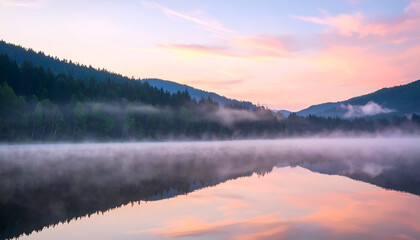 Fototapeta premium Misty Sunrise Lake Reflections.