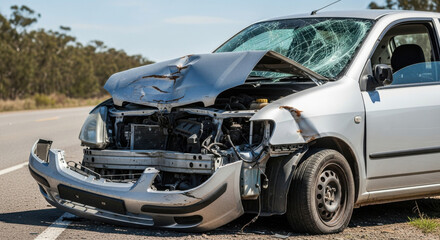 Damaged silver car with smashed front end, broken windshield, and exposed engine after road accident on rural highway, evoking shock and concern